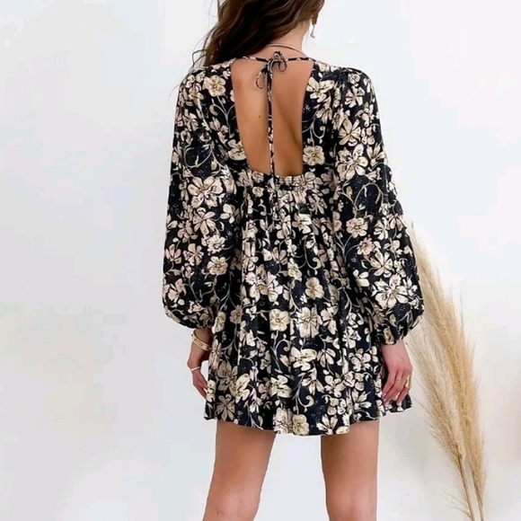 Free People Melia Linen Blend Black Floral Print Swing Mini Dress Size XS - Picture 6 of 6